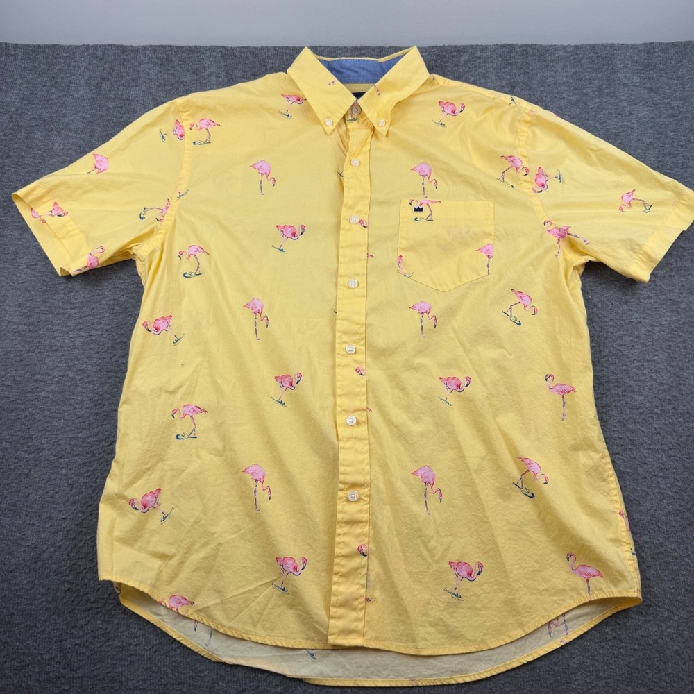 Crown & Ivy Button Down Shirt Men's Medium Yellow Pink Flamingo Classic Fit SS